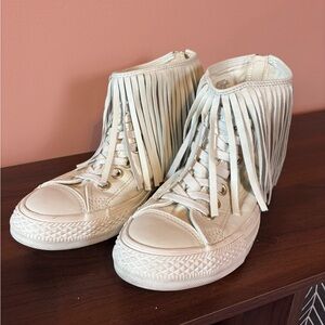 Fringed Leather High-Top Converse All-Star Sneakers in Cream
